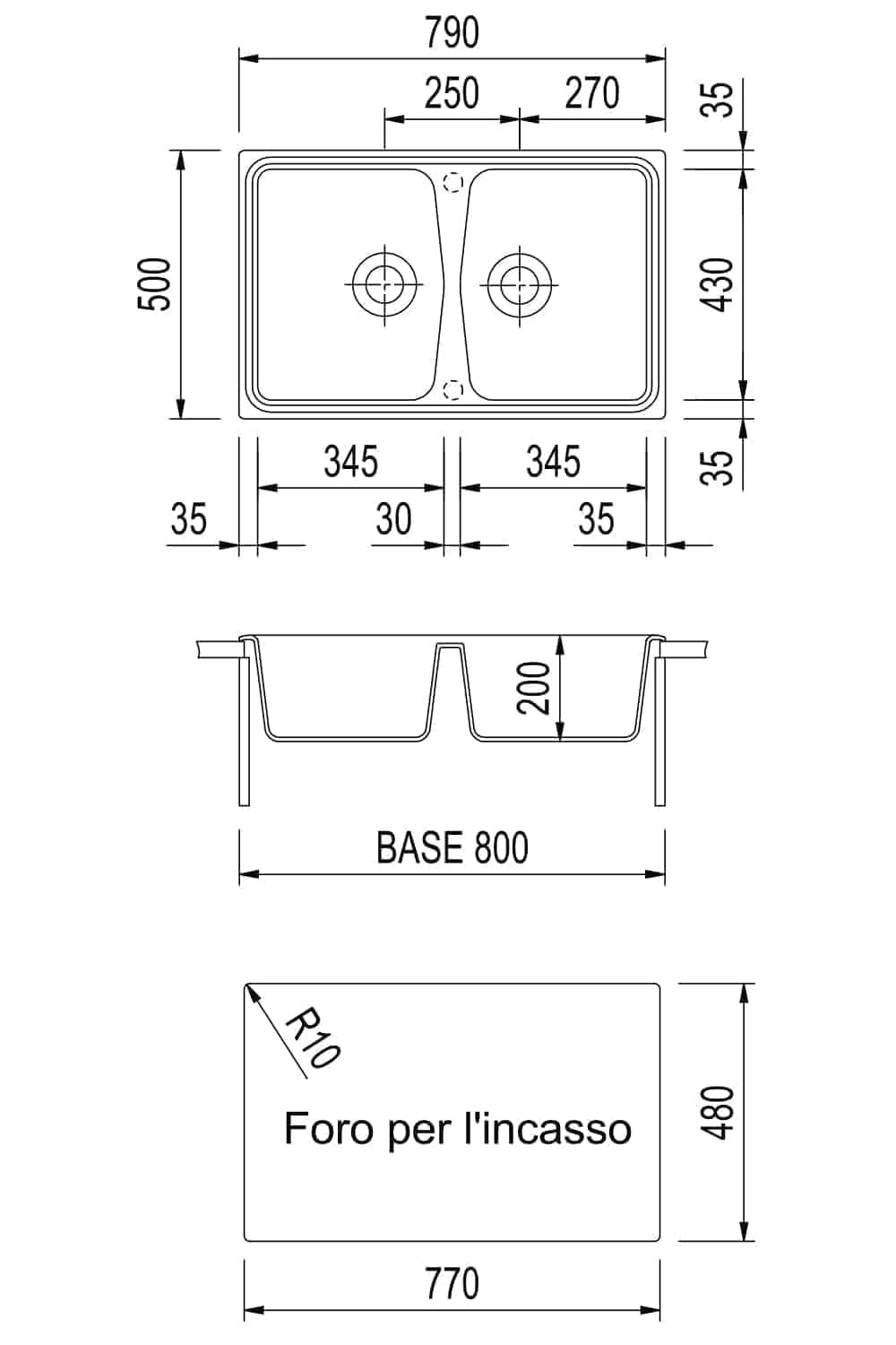 Disegno tecnico lavello doppia vasca, misure dettagliate.