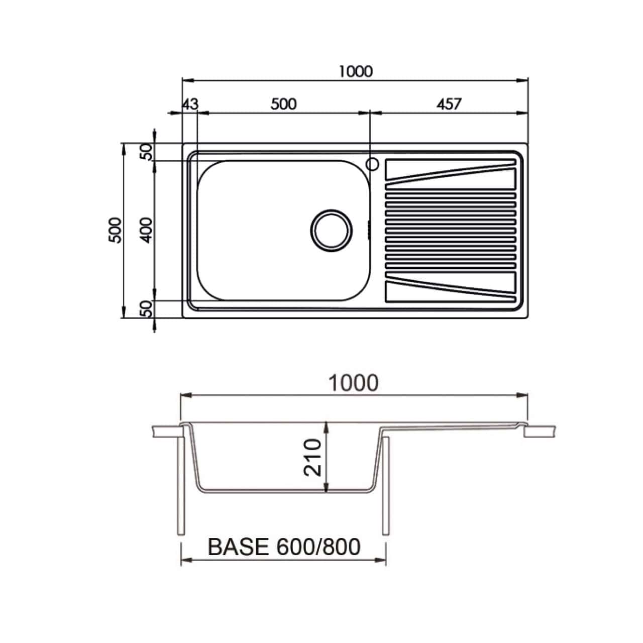 Disegno tecnico di un lavello e gocciolatoio Plados VI1001_ - Lavello Cucina Acciaio con dimensioni. La vista dall'alto mostra il lavello, il gocciolatoio e le misure del lavello Plados VI1001_ - Lavello Cucina Acciaio; la vista laterale illustra la profondità e il posizionamento.