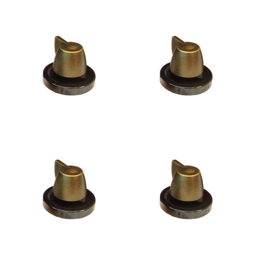 Quattro manopole di controllo color ottone con basi nere disposte in una griglia 2x2 su sfondo bianco, che ricordano il design elegante del MABRO60 - Kit 4 manopole STAR60 di Plados.