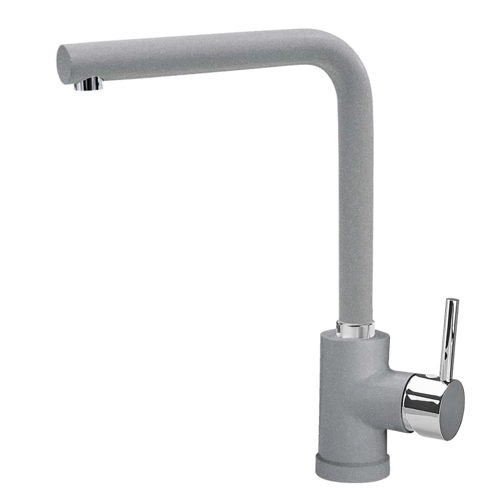 Un moderno rubinetto da cucina monocomando con finitura grigio opaco e bocca curva, dotato dell'innovativa tecnologia Plados POLITEK20 - Miscelatore.