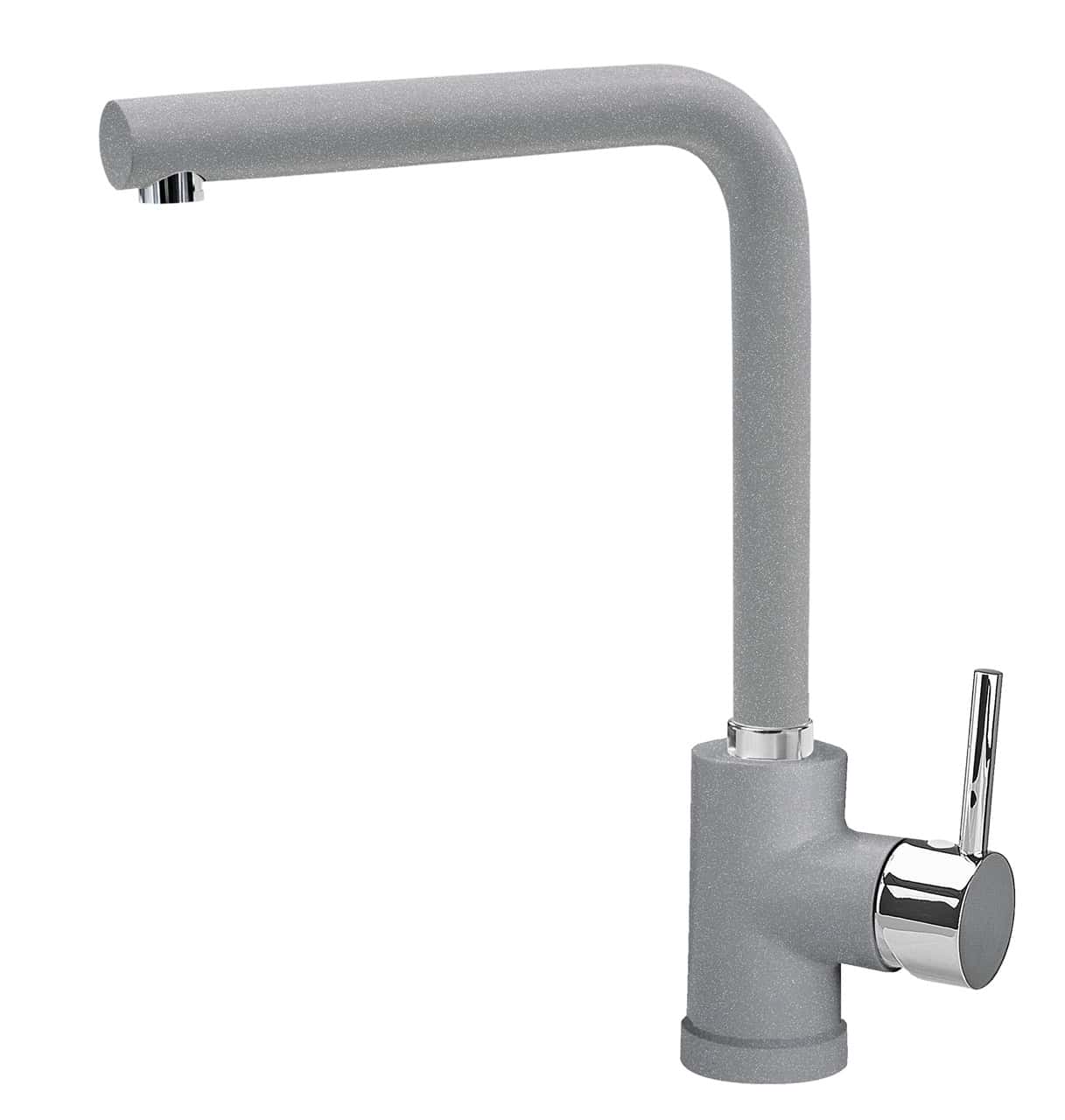 Un moderno rubinetto da cucina monocomando con finitura grigio opaco e bocca curva, dotato dell'innovativa tecnologia Plados POLITEK20 - Miscelatore.