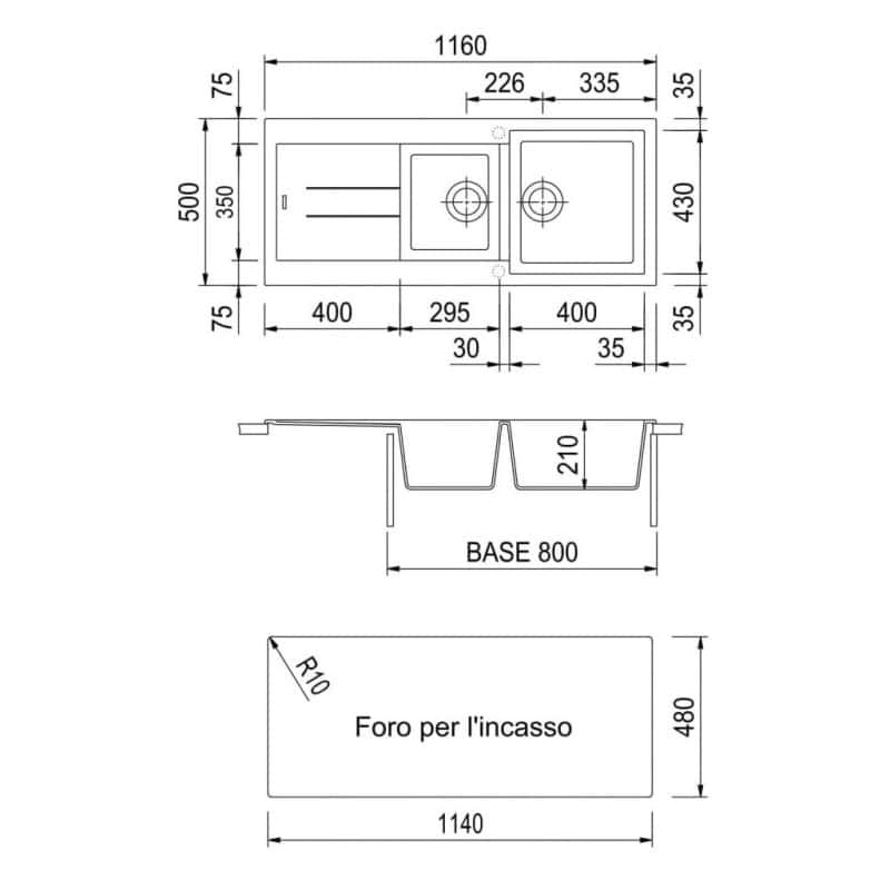 Disegno tecnico lavabo da incasso, doppia vasca.