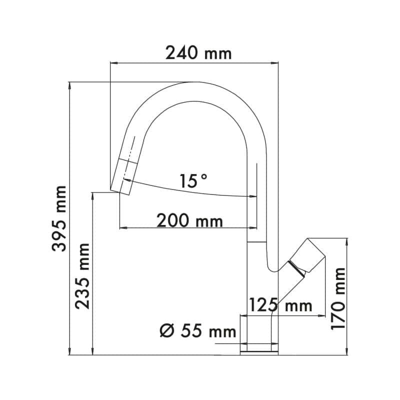 Un disegno tecnico di un rubinetto Plados PARMIXEXT - Miscelatore con le dimensioni indicate: altezza 395 mm, portata bocca 240 mm, altezza bocca 235 mm, diametro base 55 mm, angolo 15°, larghezza base 125 mm e altezza alla maniglia 170 mm.