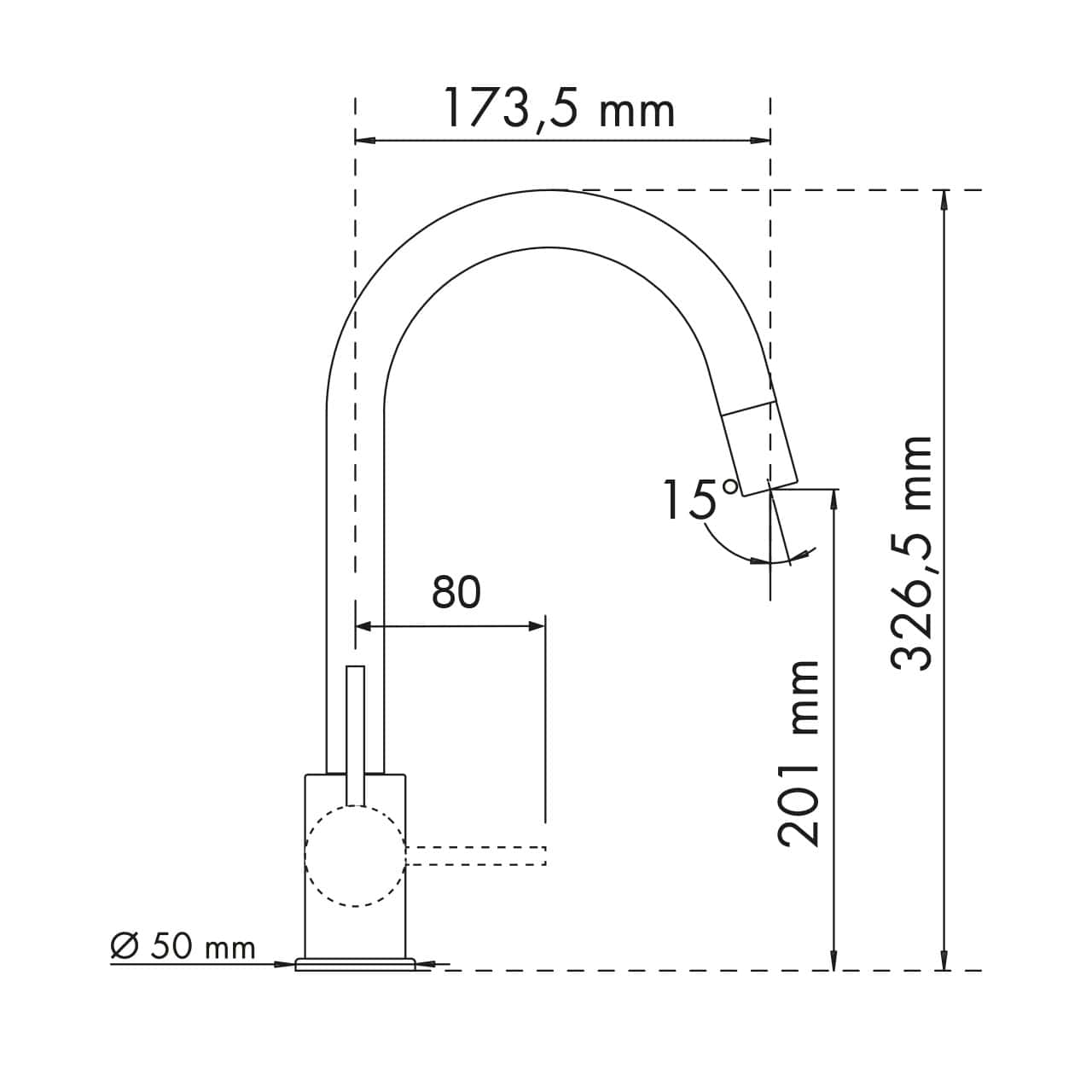 Progetto di un rubinetto Plados PUNTOBPEX - Miscelatore che mostra le dimensioni: altezza 326,5 mm, altezza bocca 201 mm, portata bocca 173,5 mm, diametro base 50 mm e angolo maniglia 15 gradi.