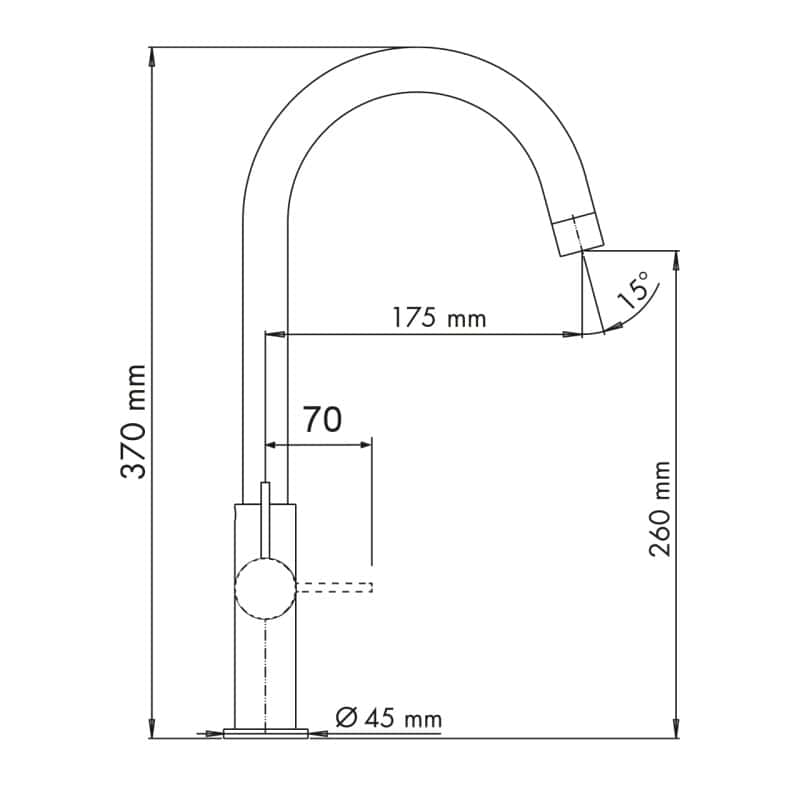 Disegno tecnico di un rubinetto da cucina Plados SLIMFIX - Miscelatore con misure: altezza 370 mm, altezza bocca 260 mm, portata bocca 175 mm, angolo bocca 15° e diametro base 45 mm.