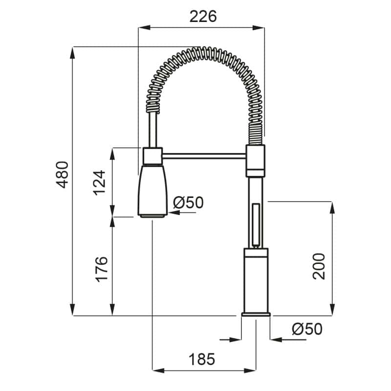 Disegno tecnico del Miscelatore Plados SPRINGP40 con dimensioni: altezza 480mm, altezza bocca 200mm, portata bocca 185mm, e diametro 50mm. Il beccuccio flessibile a molla misura 124 mm e la testa del beccuccio è 176 mm.