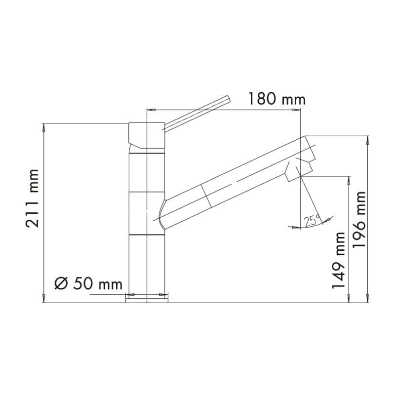 Disegno tecnico di un rubinetto Plados TIZMIXEXT - Miscelatore con dimensioni: altezza 211 mm, lunghezza bocca 180 mm, diametro base 50 mm, altezza bocca 149 mm, e angolo bocca 25 gradi.