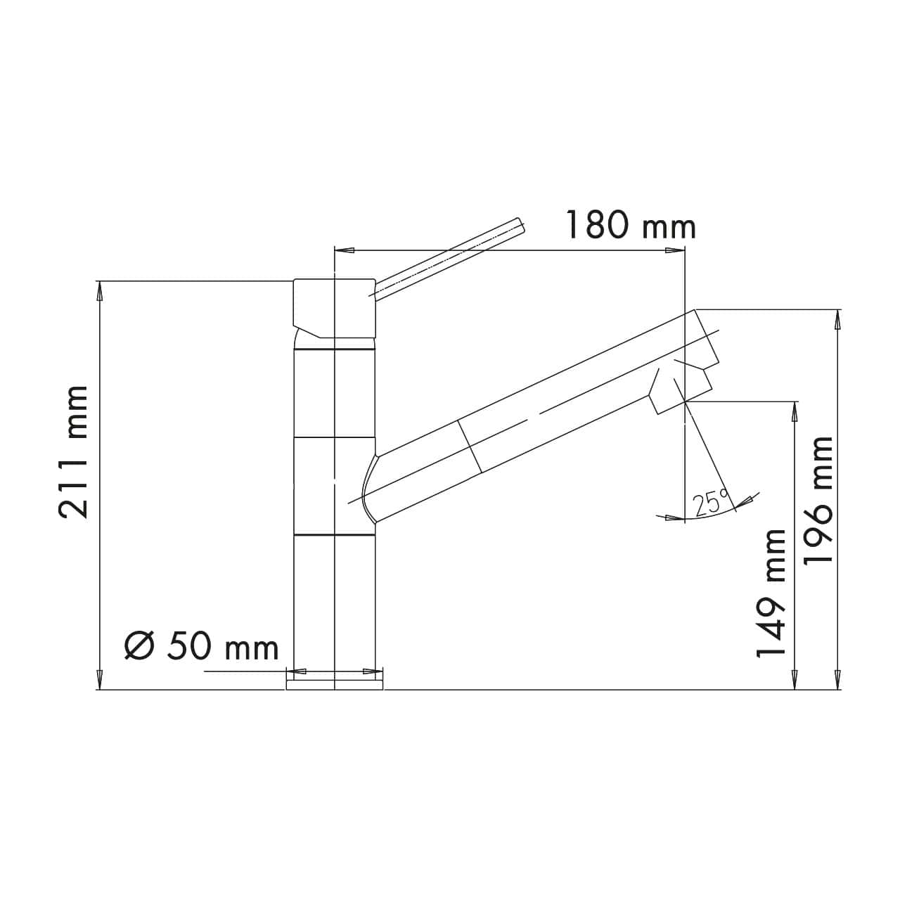 Disegno tecnico di un rubinetto Plados TIZMIXEXT - Miscelatore con dimensioni: altezza 211 mm, lunghezza bocca 180 mm, diametro base 50 mm, altezza bocca 149 mm, e angolo bocca 25 gradi.