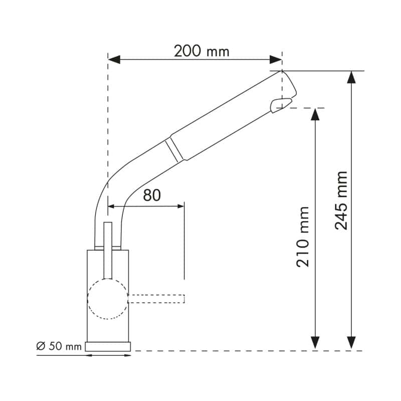 Schema di un rubinetto Plados VENMIXEXT - Miscelatore con dimensioni. L'altezza è 245 mm, la portata della bocca è 200 mm, l'altezza della bocca è 210 mm e l'altezza della base è 80 mm. Il diametro della base è di 50 mm.