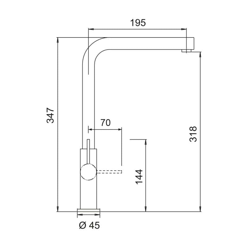 Disegno al tratto di un rubinetto da cucina Plados VENMIXL - Miscelatore con misure etichettate. L'altezza è 347 mm, la portata è 195 mm, l'altezza alla bocca è 318 mm, il diametro della base è 45 mm e la leva si estende di 70 mm con un'altezza di 144 mm.