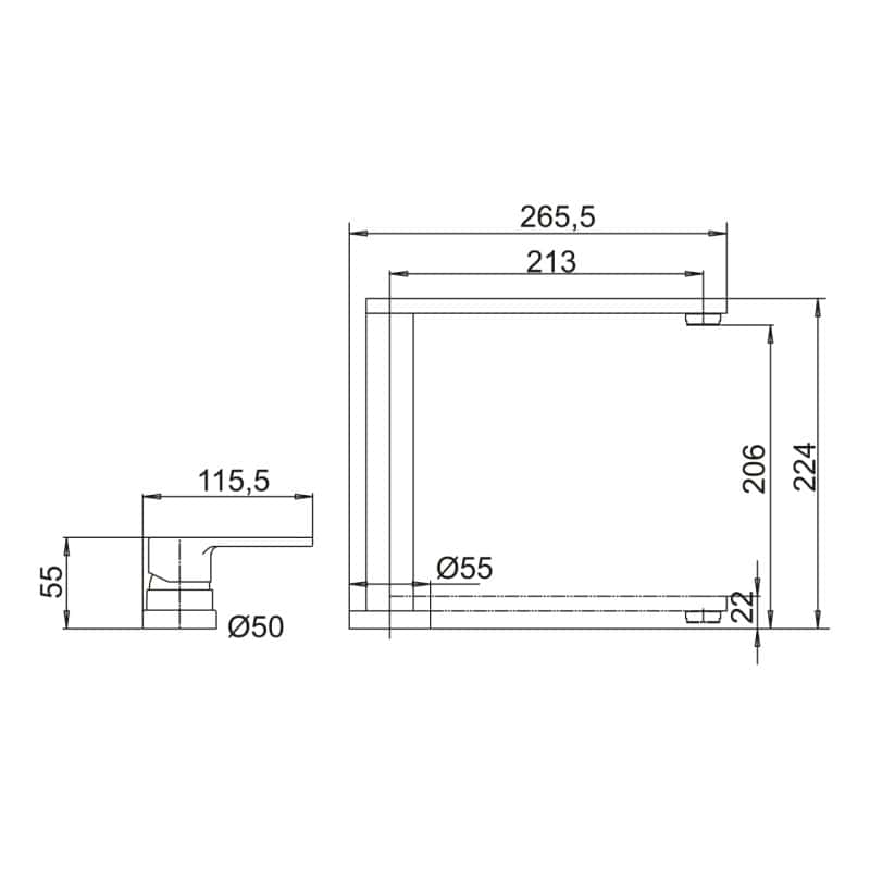 Disegno tecnico riportante le dimensioni di un oggetto rettangolare con attacchi cilindrici, eventualmente predisposto per un Plados WINMIX - Miscelatore. Le misure includono lunghezze di 265,5 mm, 213 mm, 115,5 mm e vari diametri come Ø50mm e Ø55mm.