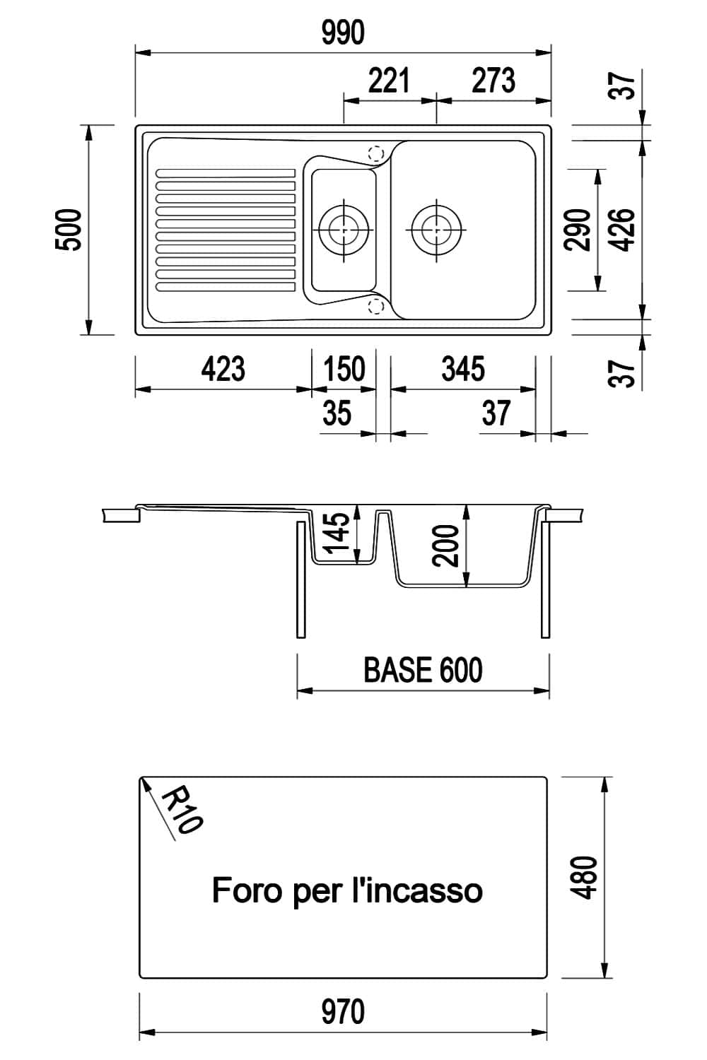 Plados HR0991 - Lavello Cucina 1 Vasca e Mezzo con Gocciolatoio - immagine 2