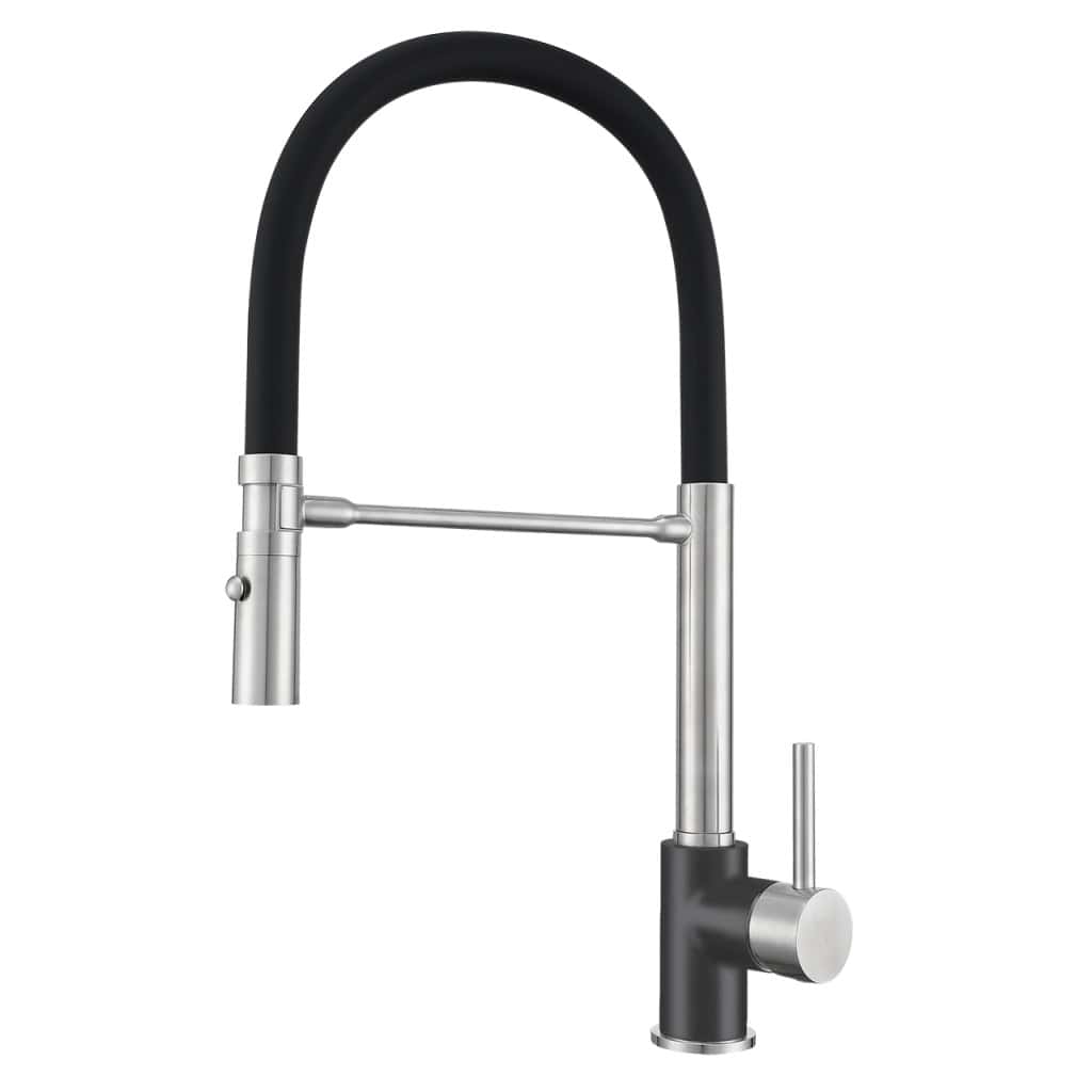 Un moderno rubinetto da cucina con bocca curva nera, maniglia monocomando e doccetta estraibile, progettato per completare l'eleganza di qualsiasi lavello SHOWERMID - Miscelatore Plados.