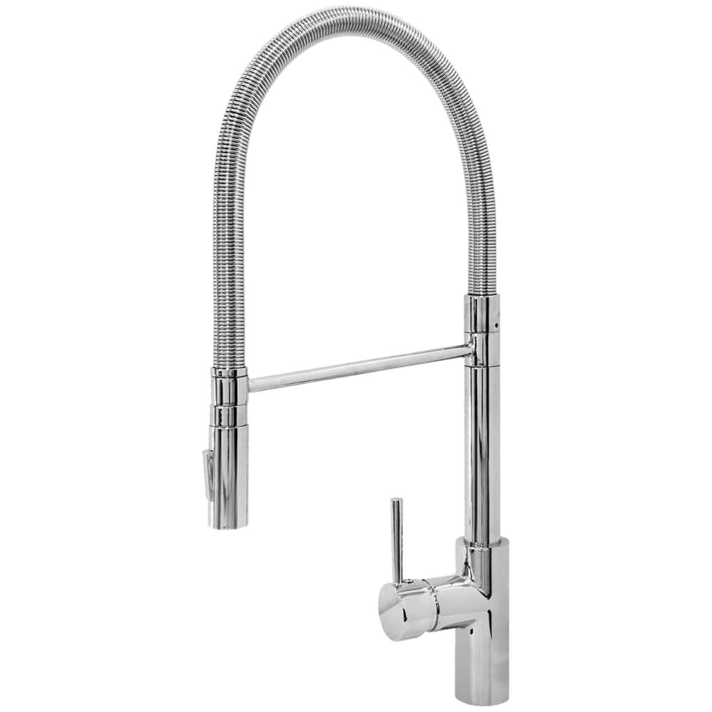 Un moderno rubinetto da cucina in acciaio inox con bocca alta e curva e maniglia monocomando laterale, caratterizzato dal design elegante del Plados SPRINGP30 - Miscelatore.