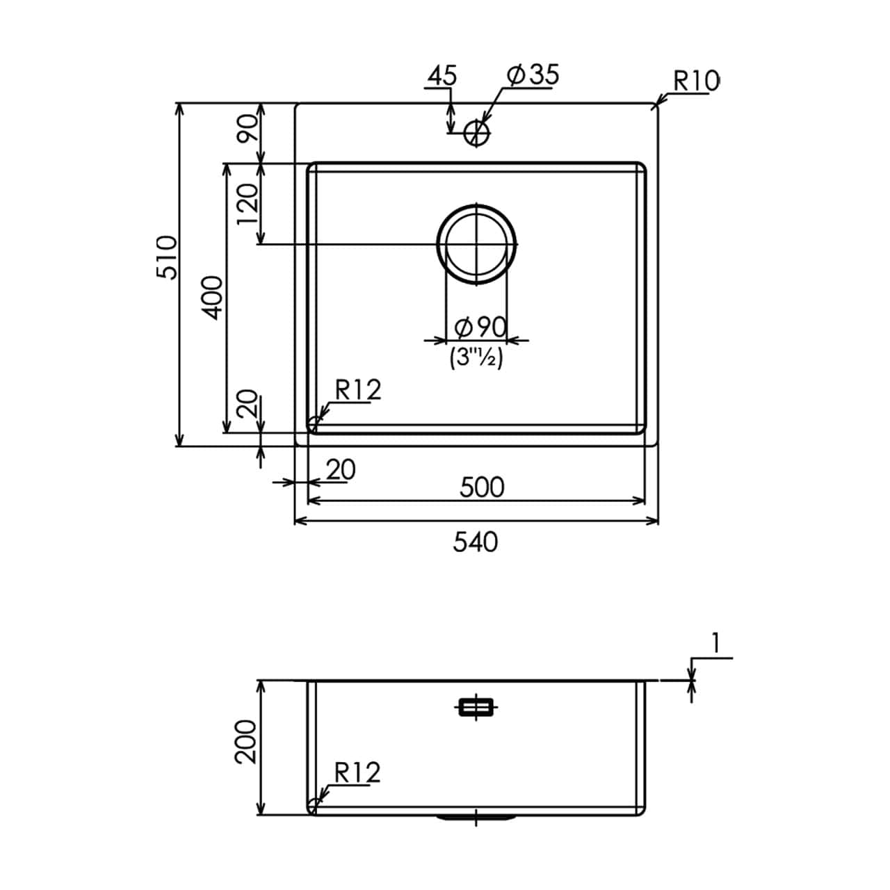 Disegno tecnico di un lavello rettangolare, modello Plados SR5500 - Lavello Cucina in Acciaio, con dimensioni in millimetri annotate, comprese larghezza (540), altezza (200 e 510) e diametri dei fori (Ø45 e Ø90).