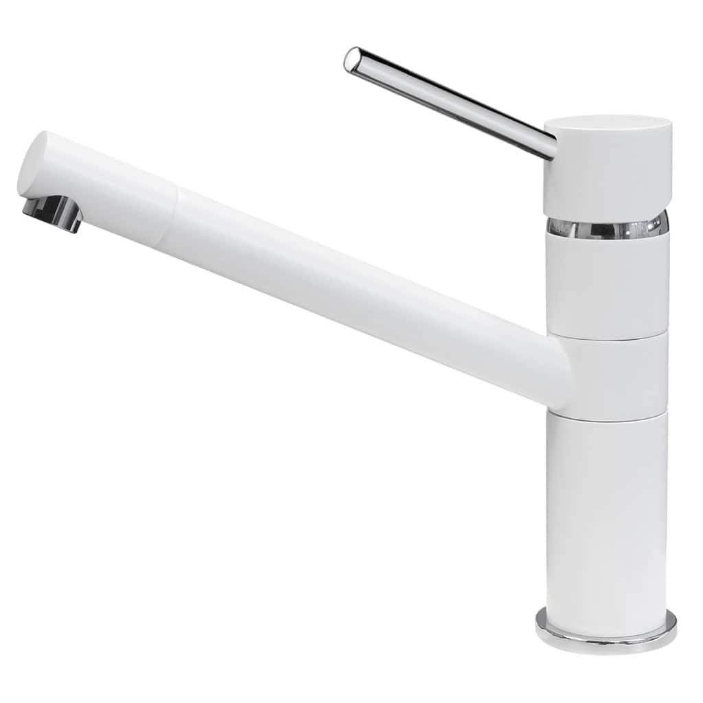Un rubinetto da cucina bianco e moderno con base cilindrica e maniglia unica e sottile, perfetto per completare il design elegante di una cucina Plados TIZEK - Miscelatore.