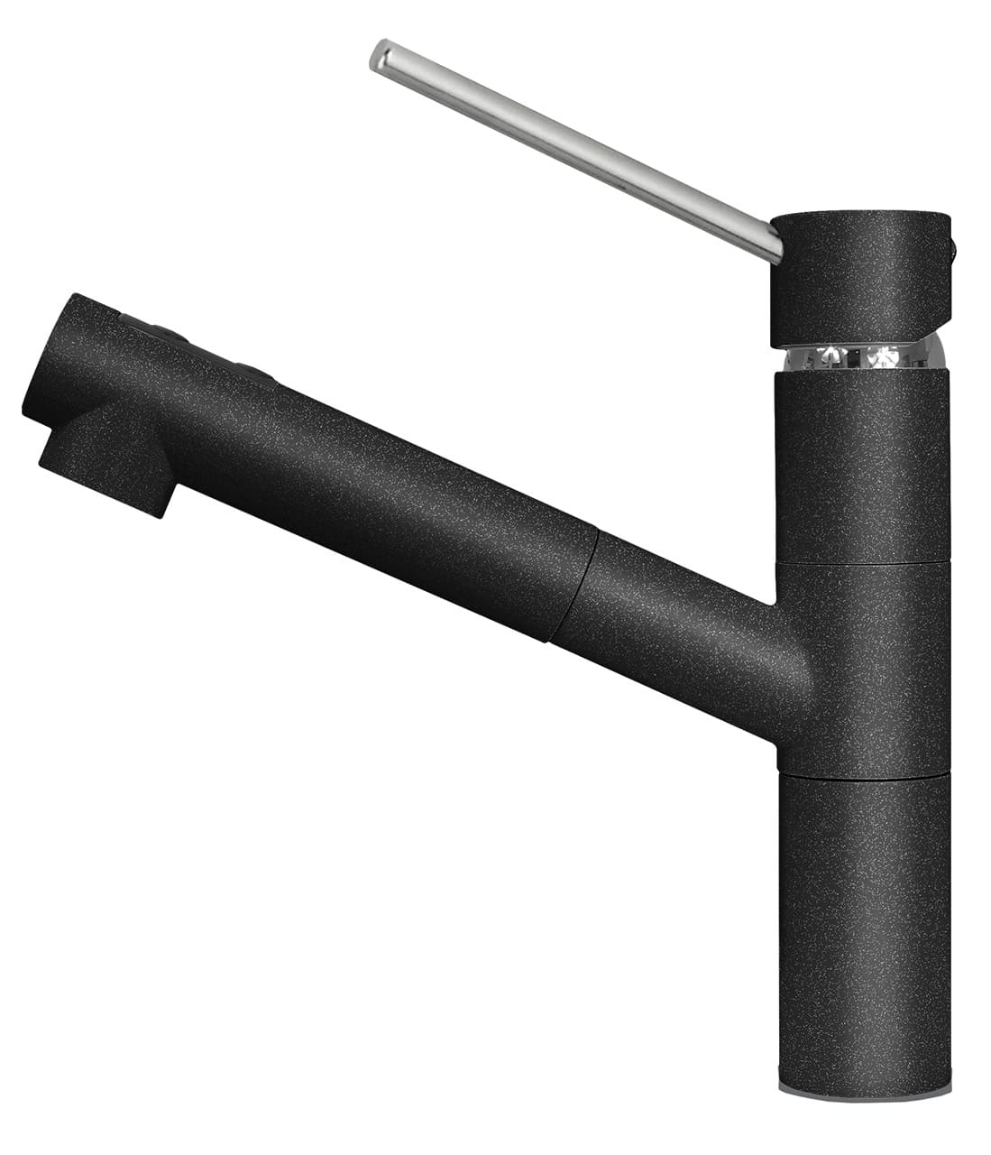 Un rubinetto da cucina Plados TIZMIXEXT - Miscelatore nero con maniglia monocomando e bocca laterale, progettato per una moderna configurazione del lavello.