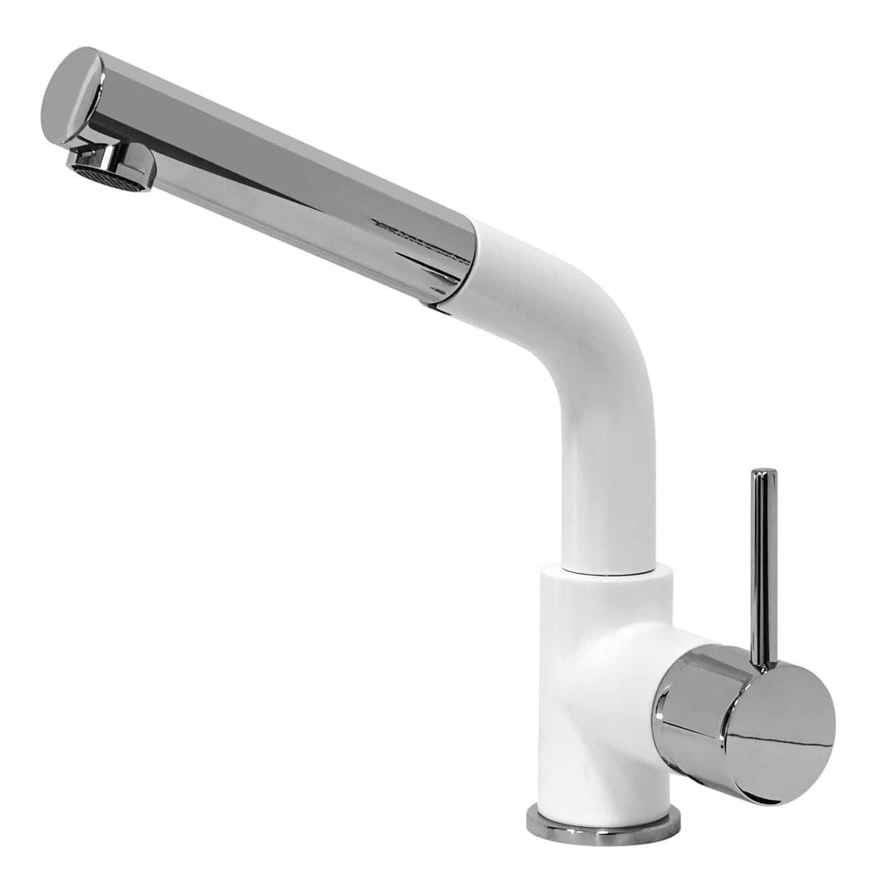 Un moderno rubinetto da cucina Plados VENMIXEXT - Miscelatore bianco e cromato con maniglia monocomando e dal design elegante.