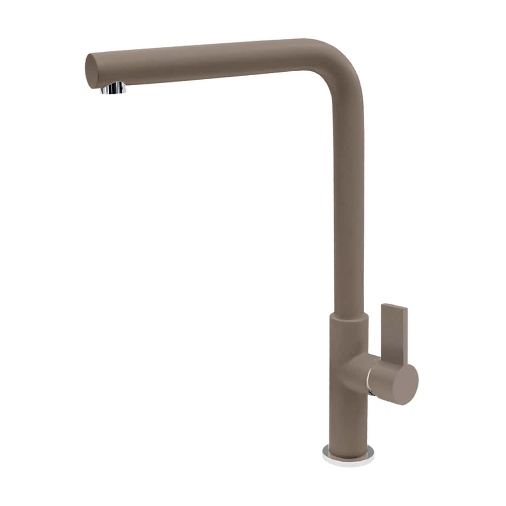 Un rubinetto da cucina Plados VENMIXL - Miscelatore marrone elegante e moderno con maniglia monocomando e bocca curva.