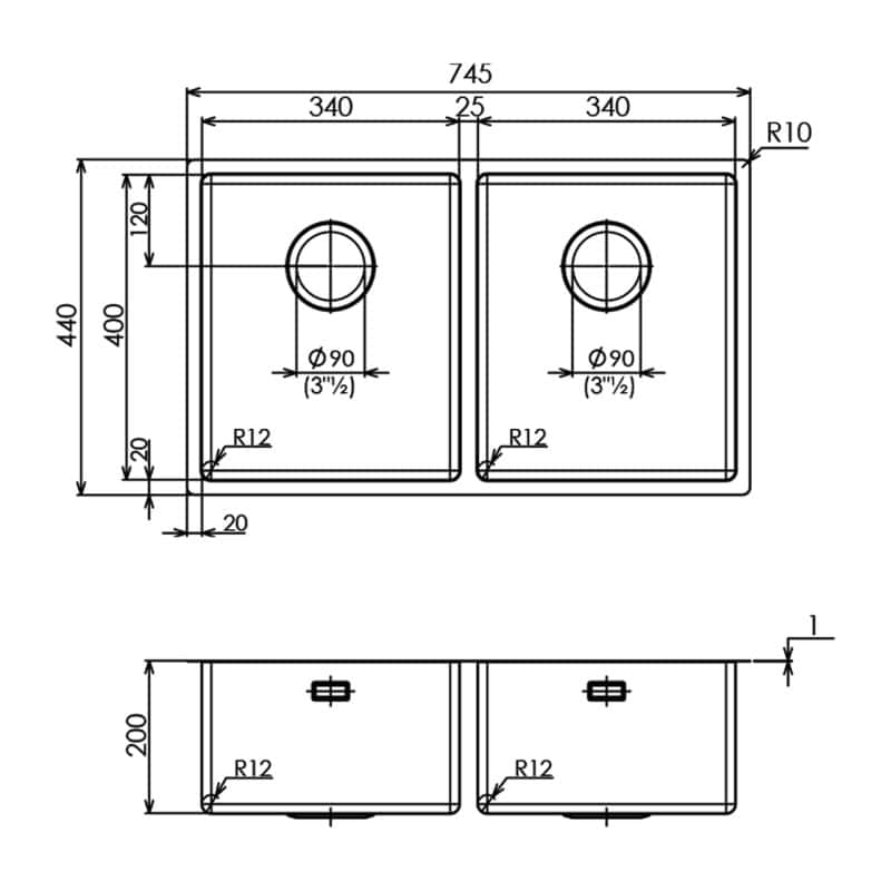 Progetto del doppio lavello Plados SL7420 - Lavello Cucina in Acciaio con dimensioni. La larghezza è 745 mm, altezza 440 mm e profondità 200 mm. Ogni lavello è largo 340 mm con fori di scarico da 90 mm. Vari raggi e misurazioni sono etichettati.