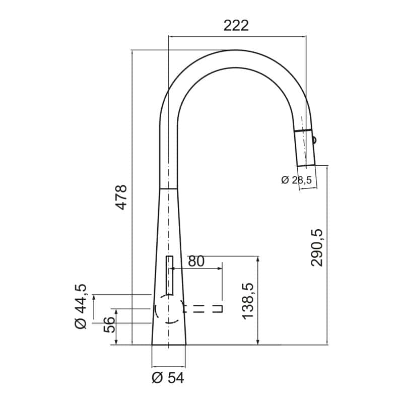 Disegno tecnico del NEWMIX90 che mostra le dimensioni: altezza 478 mm, portata bocca 222 mm, altezza bocca 290,5 mm, diametro base 54 mm e dimensioni della maniglia.