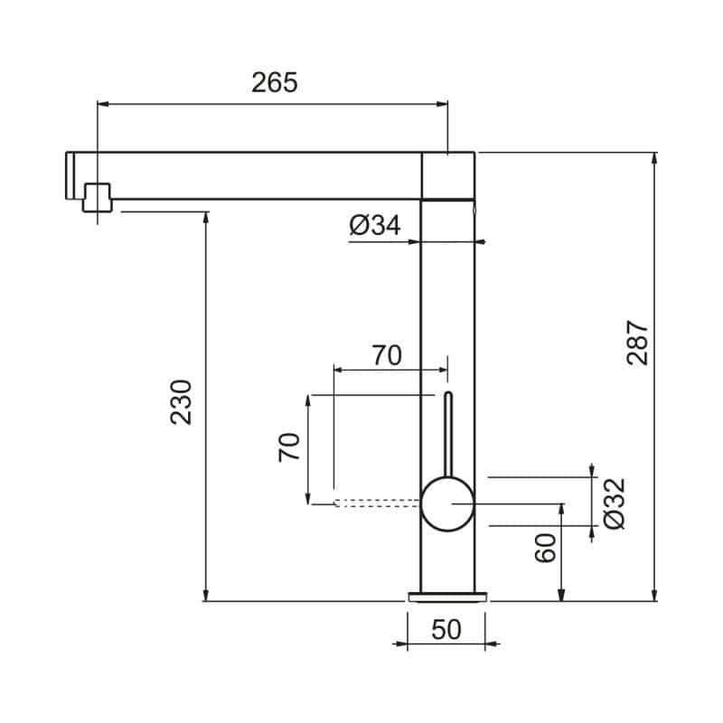 Disegno tecnico di uno SPIRIT con misure in millimetri: larghezza 265, altezza 287, altezza bocca 230, larghezza corpo rubinetto 70 e larghezza base 50. Sono etichettati vari diametri e distanze.