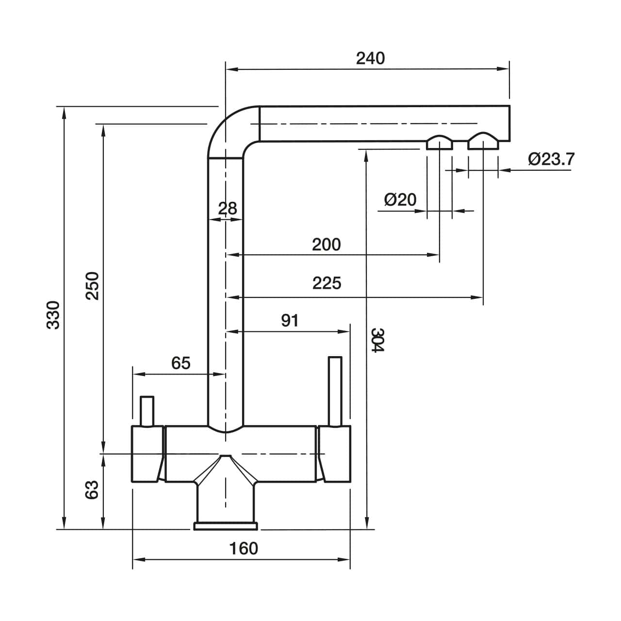Disegno tecnico di un Plados FLO55 - Miscelatore con misure dettagliate in millimetri, con indicazione di altezza, larghezza e varie dimensioni dei componenti del rubinetto.