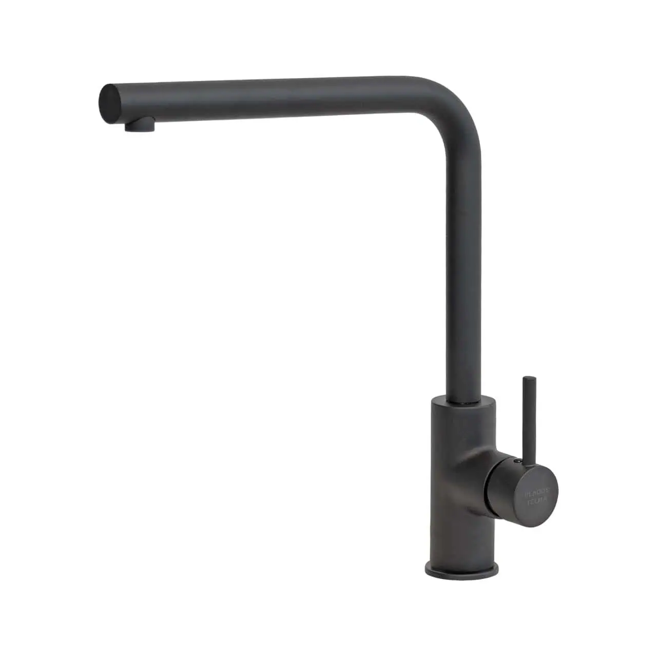 Rubinetto da cucina nero con bocca quadrata ad arco alto e maniglia monocomando, montato su una base cilindrica, presenta l'elegante design Plados COLONNA - Miscelatore (Copia).