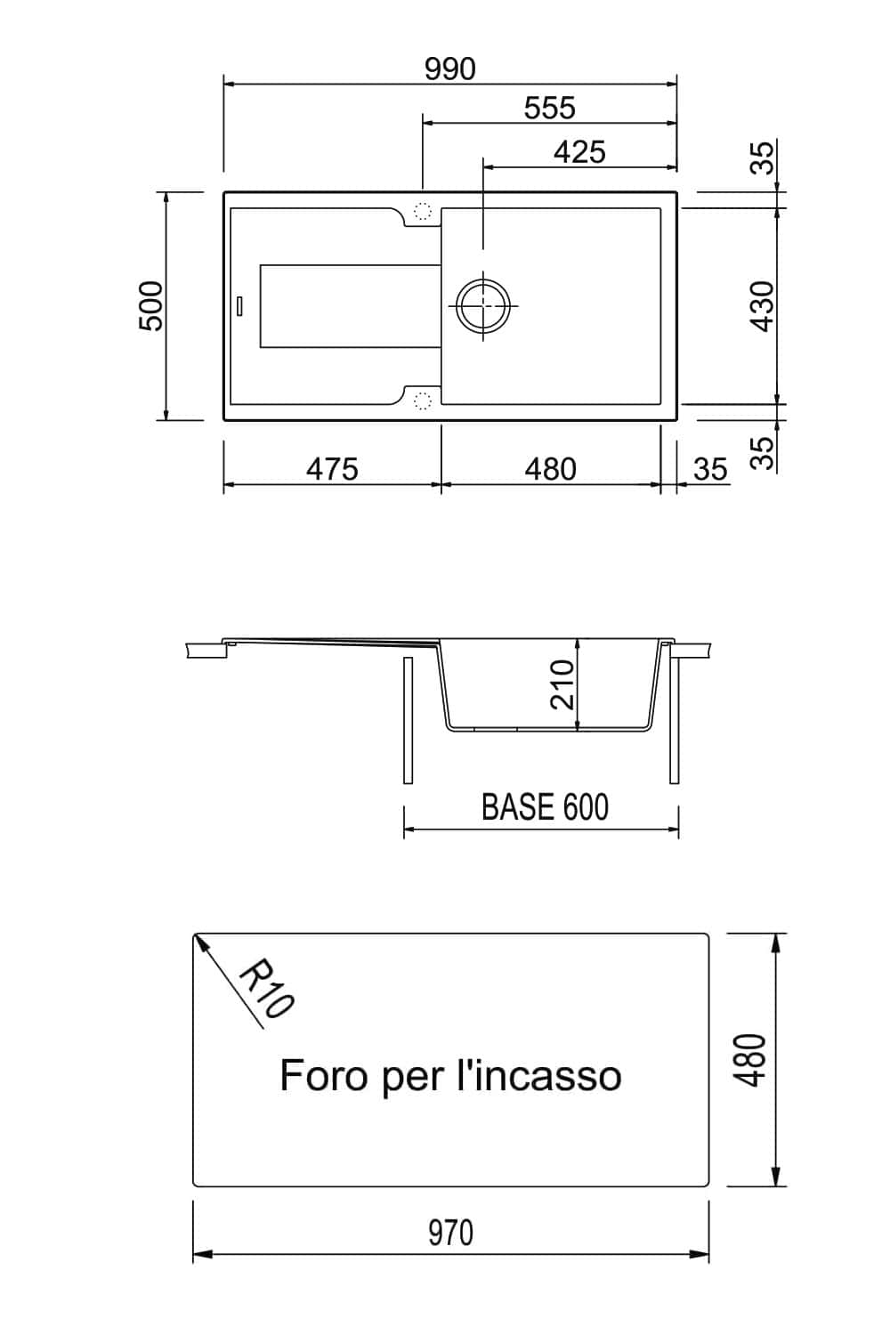 Disegno tecnico di un lavello da cucina rettangolare, che mostra viste frontali e dall'alto con dimensioni specifiche in millimetri. Le etichette indicano le misure, con sezioni per il posizionamento del rubinetto e istruzioni per il ritaglio di installazione per il modello Plados EL9910 - Lavello Cucina Corax 1 Vasca più Scolapiatti.
