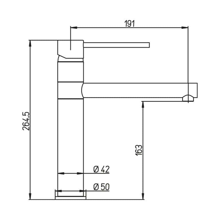 Disegno tecnico di un rubinetto Plados COLONNA - Miscelatore con dimensioni. L'altezza complessiva è di 264,5 mm, la portata del beccuccio è di 191 mm e l'altezza del beccuccio è di 163 mm. I diametri della base sono Ø42 mm e Ø50 mm.