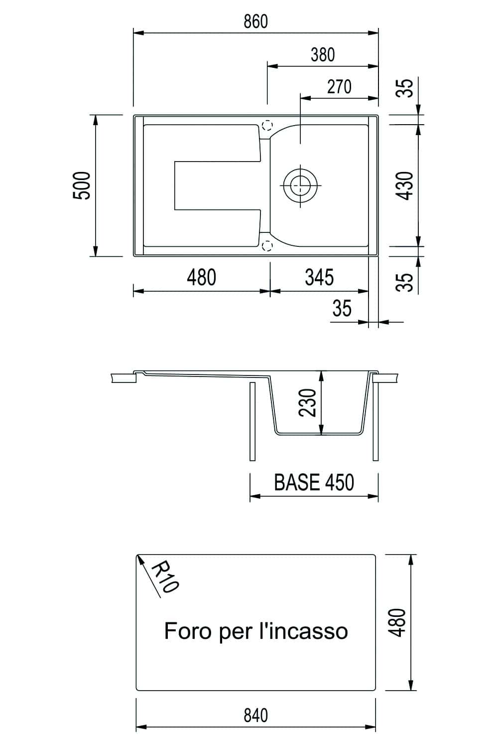 Disegno tecnico lavello cucina, misure incluse