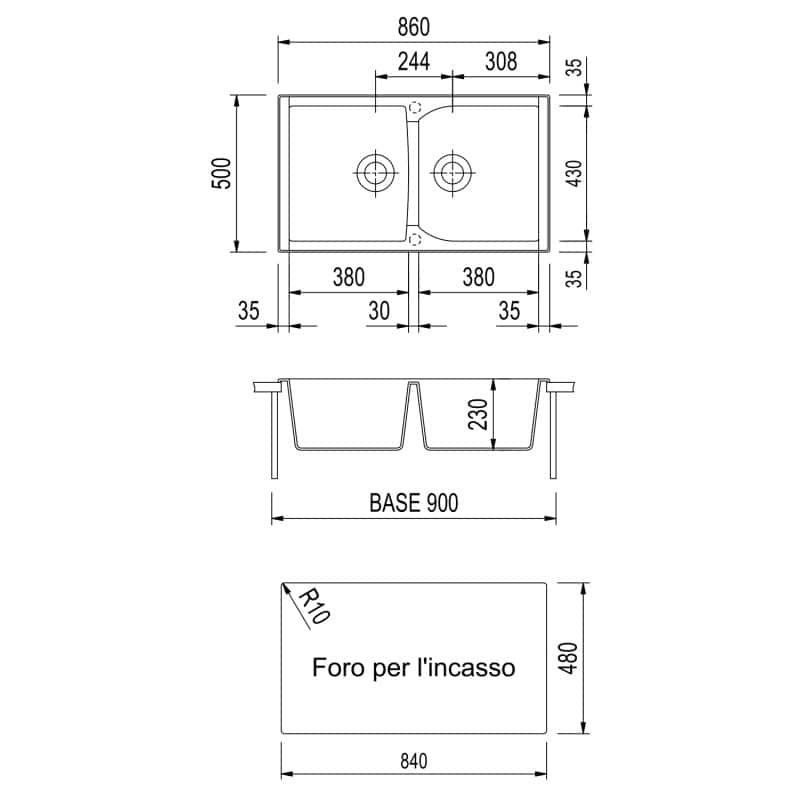 Disegno tecnico lavello doppio con misure dettagliate.