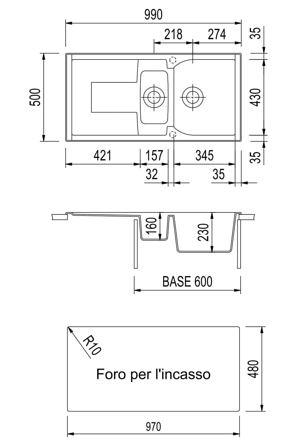 Disegno tecnico lavabo con dimensioni