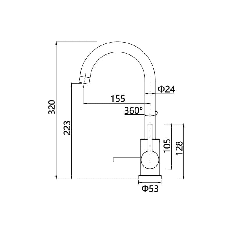 Disegno tecnico di un miscelatore cucina con misure.