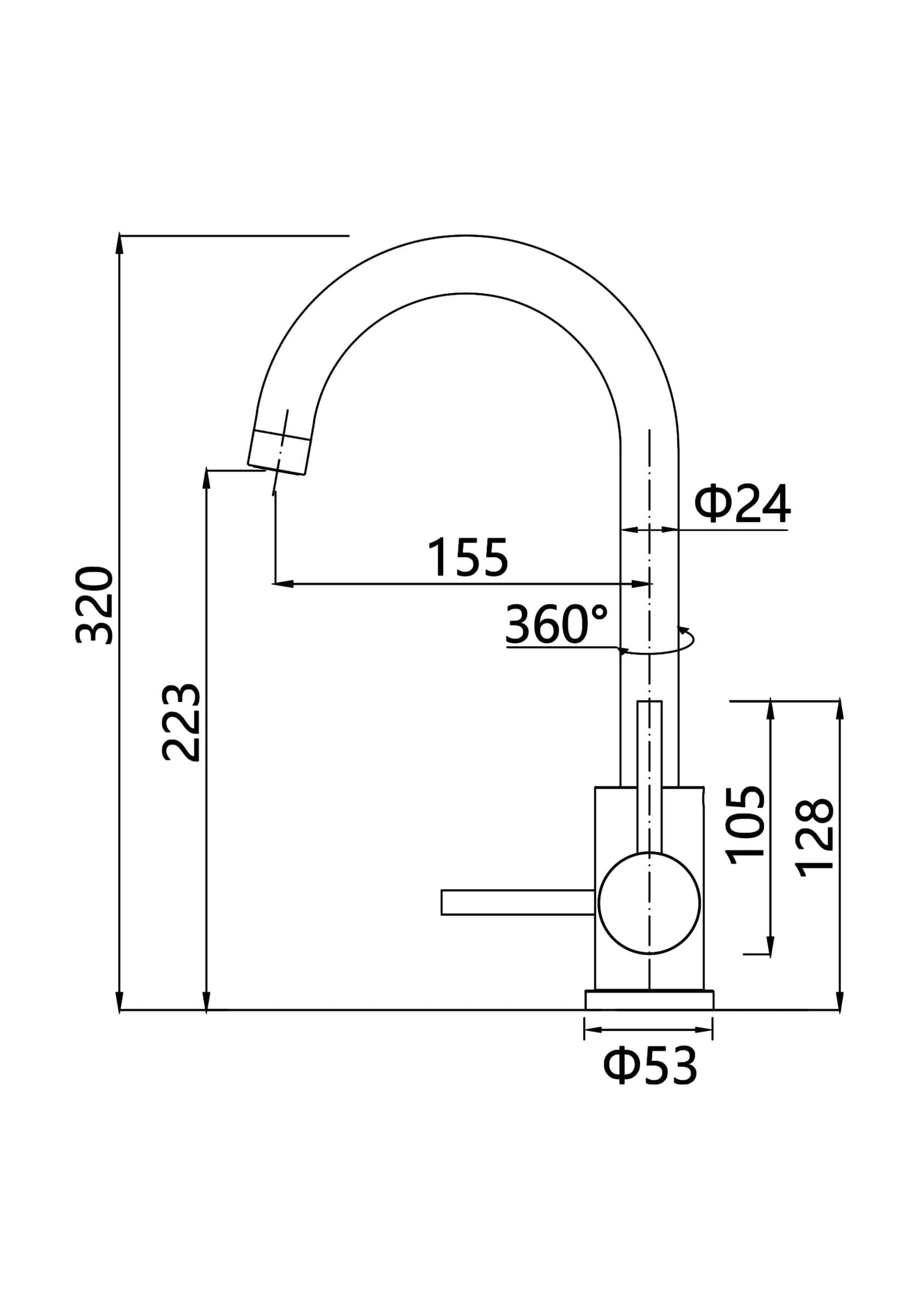Disegno tecnico di un miscelatore cucina con misure.