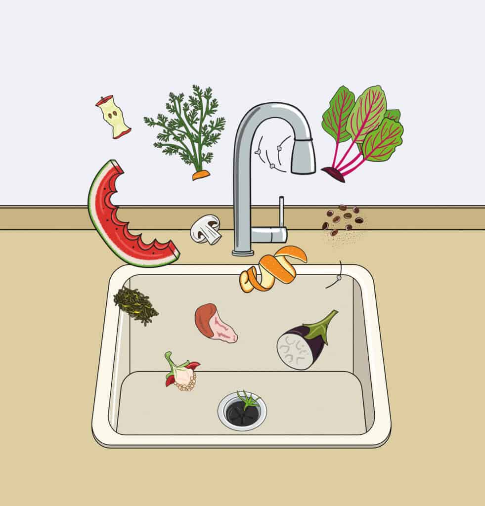 Vari scarti di frutta e verdura, un rubinetto e scarti alimentari sono disposti intorno e all'interno del lavello della cucina.