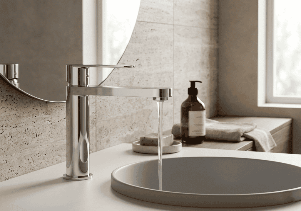 Moderno rubinetto d'acqua in bagno elegante