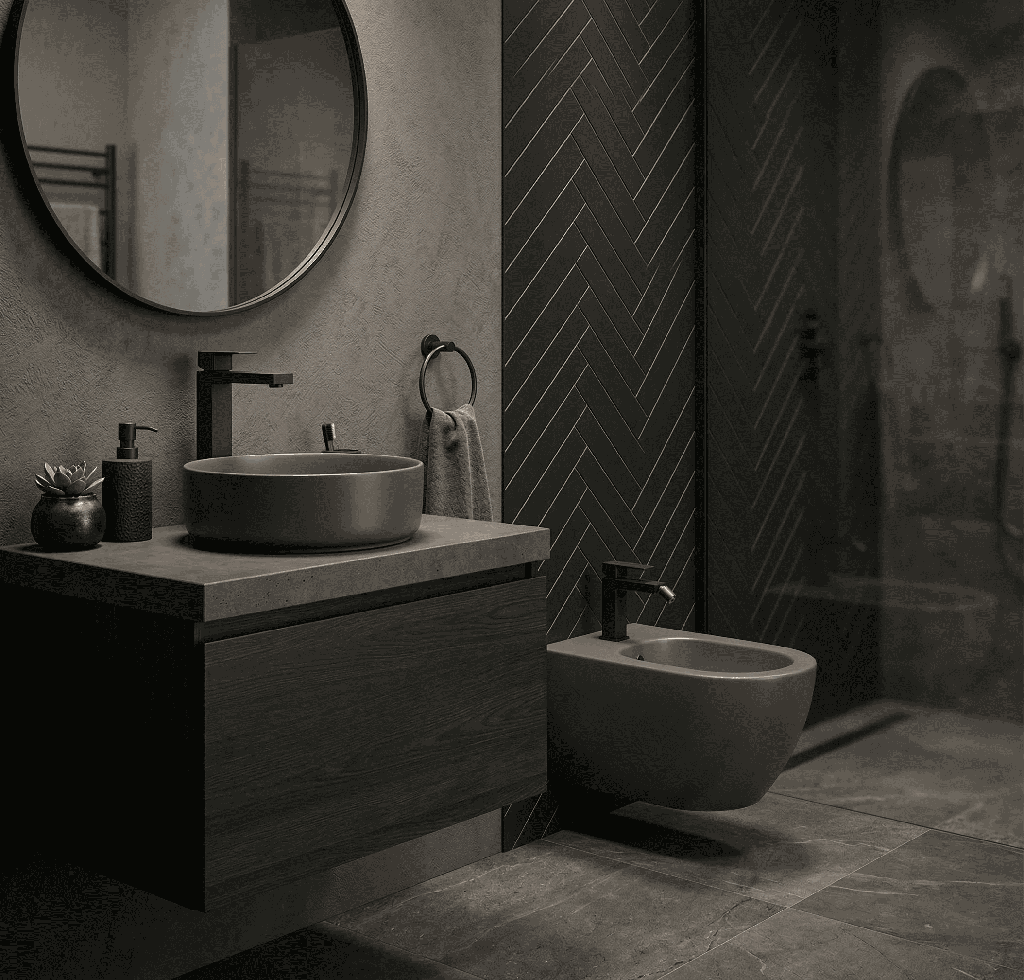 Bagno moderno con mobile scuro, specchio rotondo, lavabo a vaschetta, rubinetto a muro, bidet e doccia chiusa in vetro con piastrelle a spina di pesce.