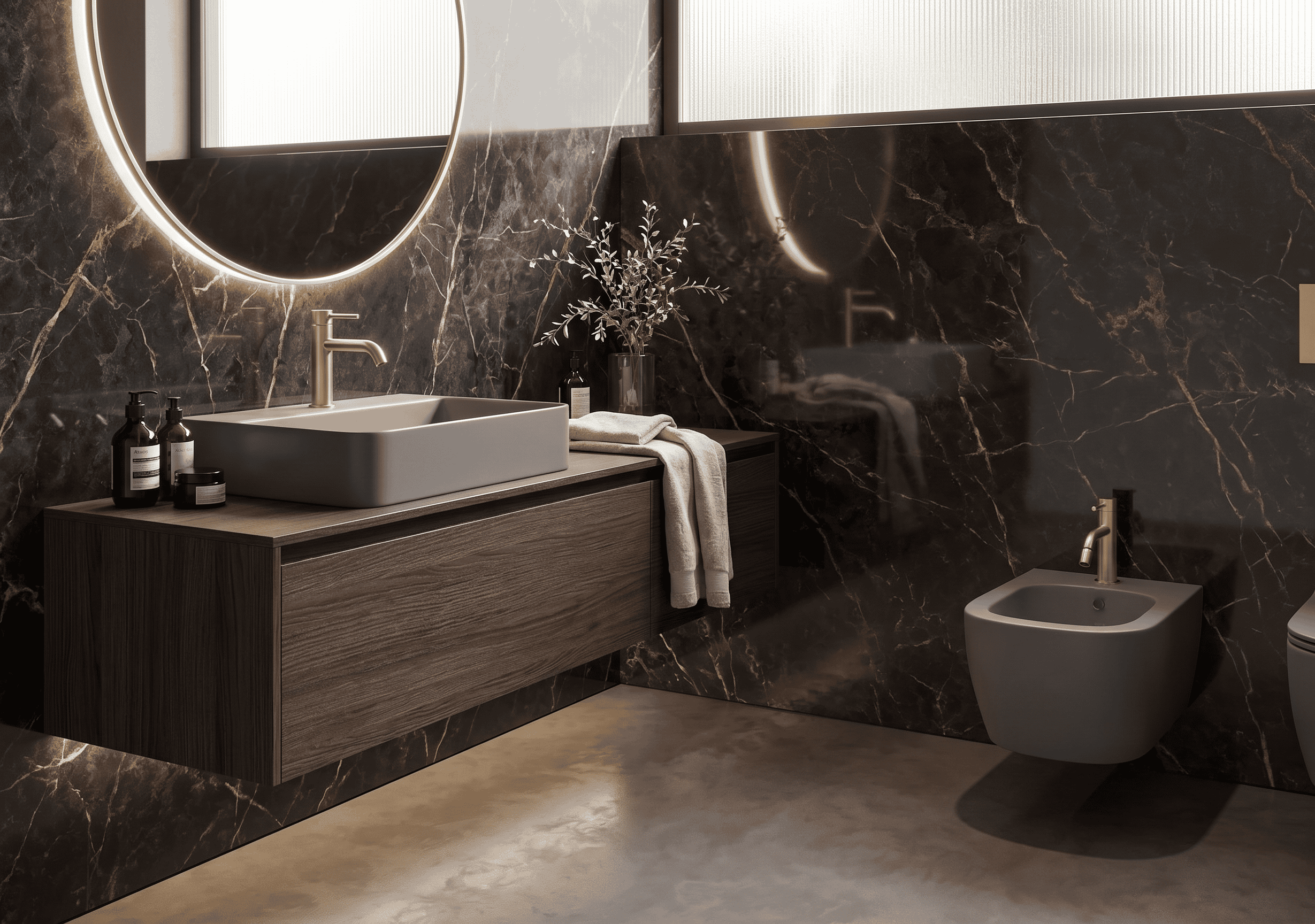Bagno moderno con pareti in marmo scuro, vanity in legno fluttuante, specchio rotondo illuminato, lavandino quadrato, rubinetteria dorata e bidet. Gli asciugamani e gli articoli da toilette sono disposti in modo ordinato.