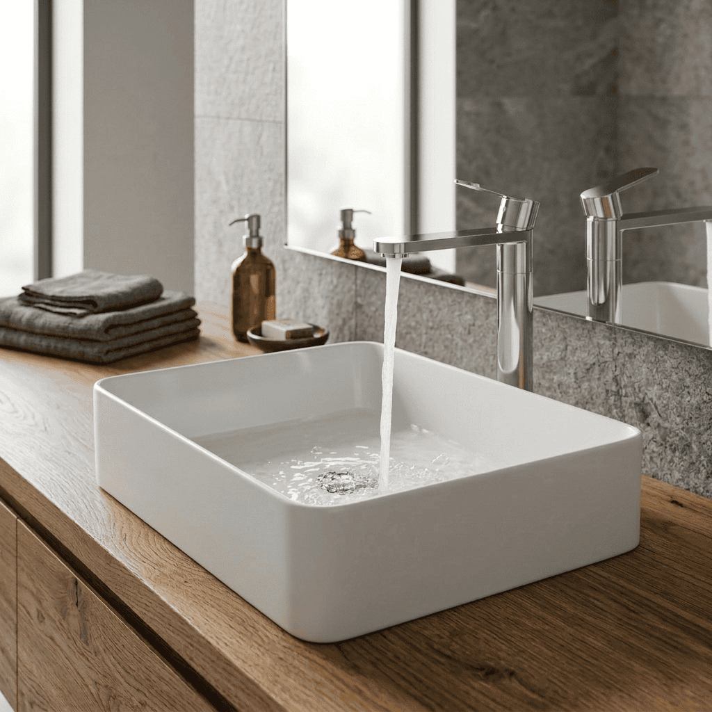 Lavandino del bagno moderno con acqua corrente, bacino rettangolare bianco, piano di lavoro in legno, asciugamani impilati, dispenser di sapone e grande specchio sullo sfondo.