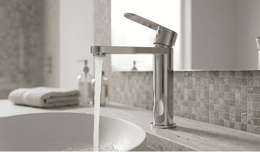 Moderno rubinetto cromato con acqua che scorre in un lavandino bianco, con un backsplash piastrellato e un bancone da bagno con asciugamani piegati e dispenser di sapone.