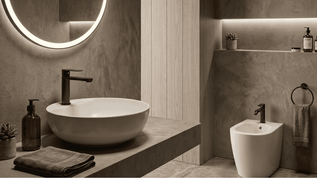 Bagno moderno con specchio rotondo illuminato, lavabo a vaschetta, rubinetto nero, asciugamano, dispenser di sapone, bidet e piante decorative su una mensola contro pareti di cemento grigio.