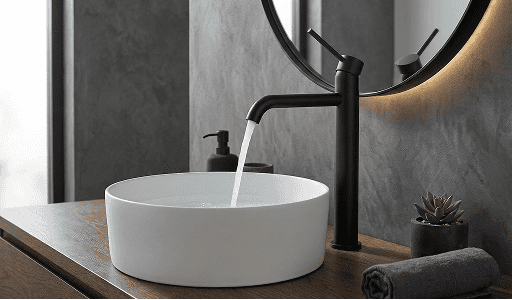 Bagno moderno con lavabo rotondo bianco, rubinetto nero con acqua corrente, specchio rotondo, dispenser di sapone, asciugamano e piccola pianta su un bancone di legno.