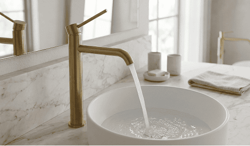 Un rubinetto in ottone fa scorrere l'acqua in un lavandino a vaschetta bianco su un bancone da bagno in marmo, con un asciugamano e articoli da toilette sullo sfondo.