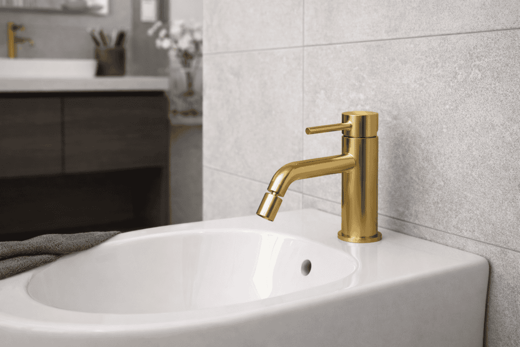 Un moderno rubinetto d'oro è installato sul lavandino di un bagno bianco con pareti piastrellate grigio chiaro e un asciugamano vicino. Sullo sfondo è visibile un riflesso dell'interno del bagno.