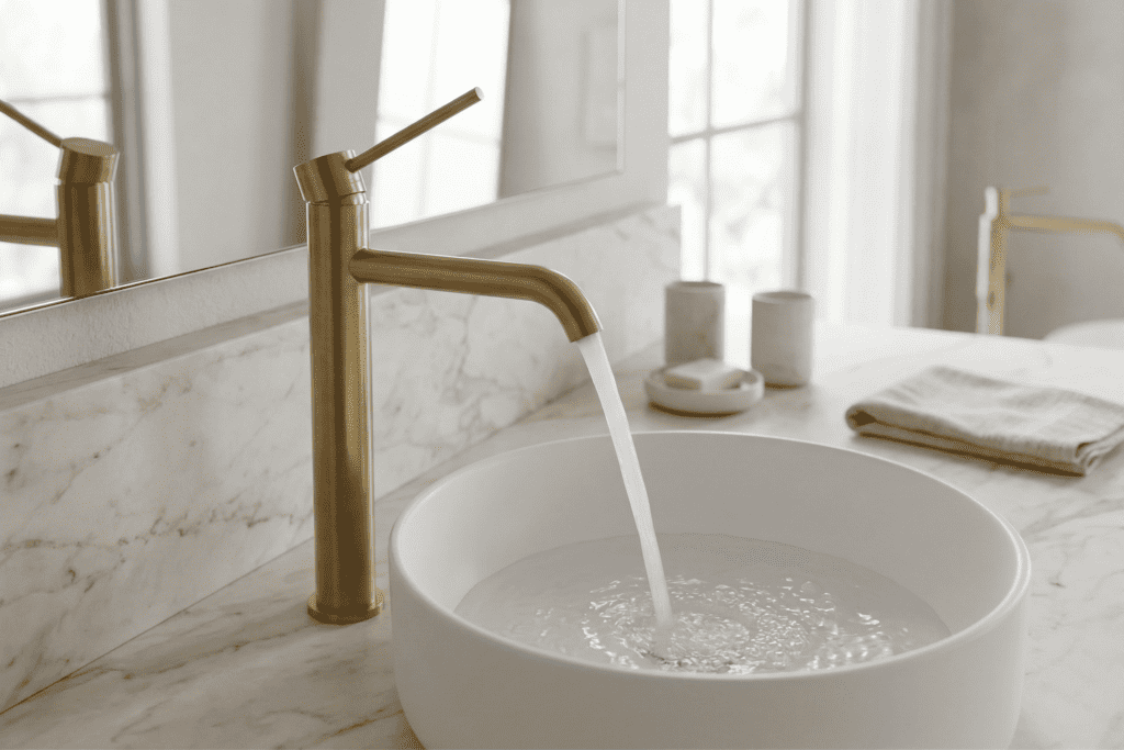 Un rubinetto dorato fa scorrere l'acqua in un lavandino rotondo bianco su un bancone da bagno in marmo, con contenitori per il sapone e un asciugamano piegato nelle vicinanze.