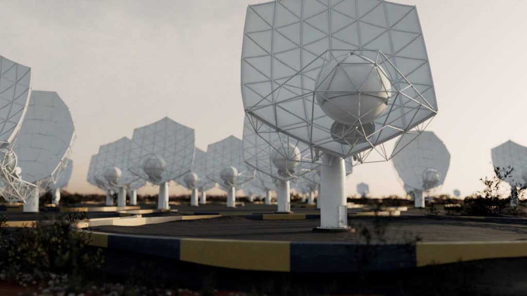 Artist impression of the SKA-Mid telescope in South Africa.
