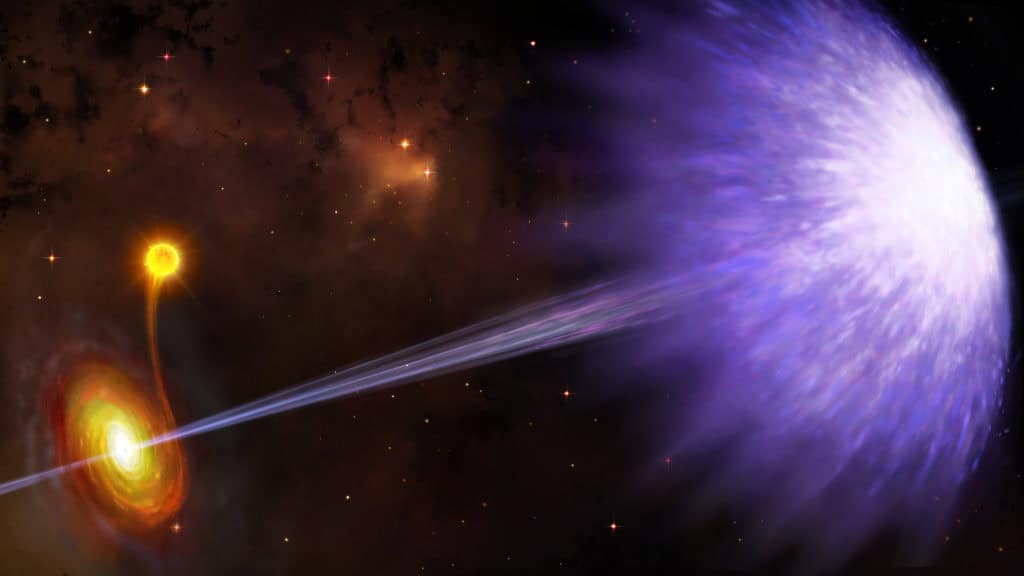 Figure 1.0: Artist impression of a black hole system generating powerful jets and a massive bow shock structure. Artist impression by Danielle Futselaar.
