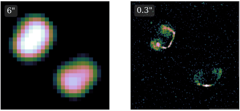Comparison between the current standard LOFAR resolution (left) and LOFAR’s highest available resolution (right). This figure provides examples illustrating how the highest resolution can be essential for identifying and studying radio jets launched from regions near the central black holes of distant galaxies.