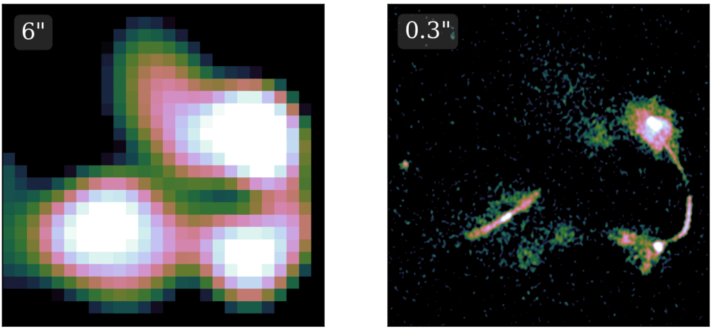 Comparison between the current standard LOFAR resolution (left) and LOFAR&rsquo;s highest available resolution (right). This figure provides examples illustrating how the highest resolution can be essential for identifying and studying radio jets launched from regions near the central black holes of distant galaxies.